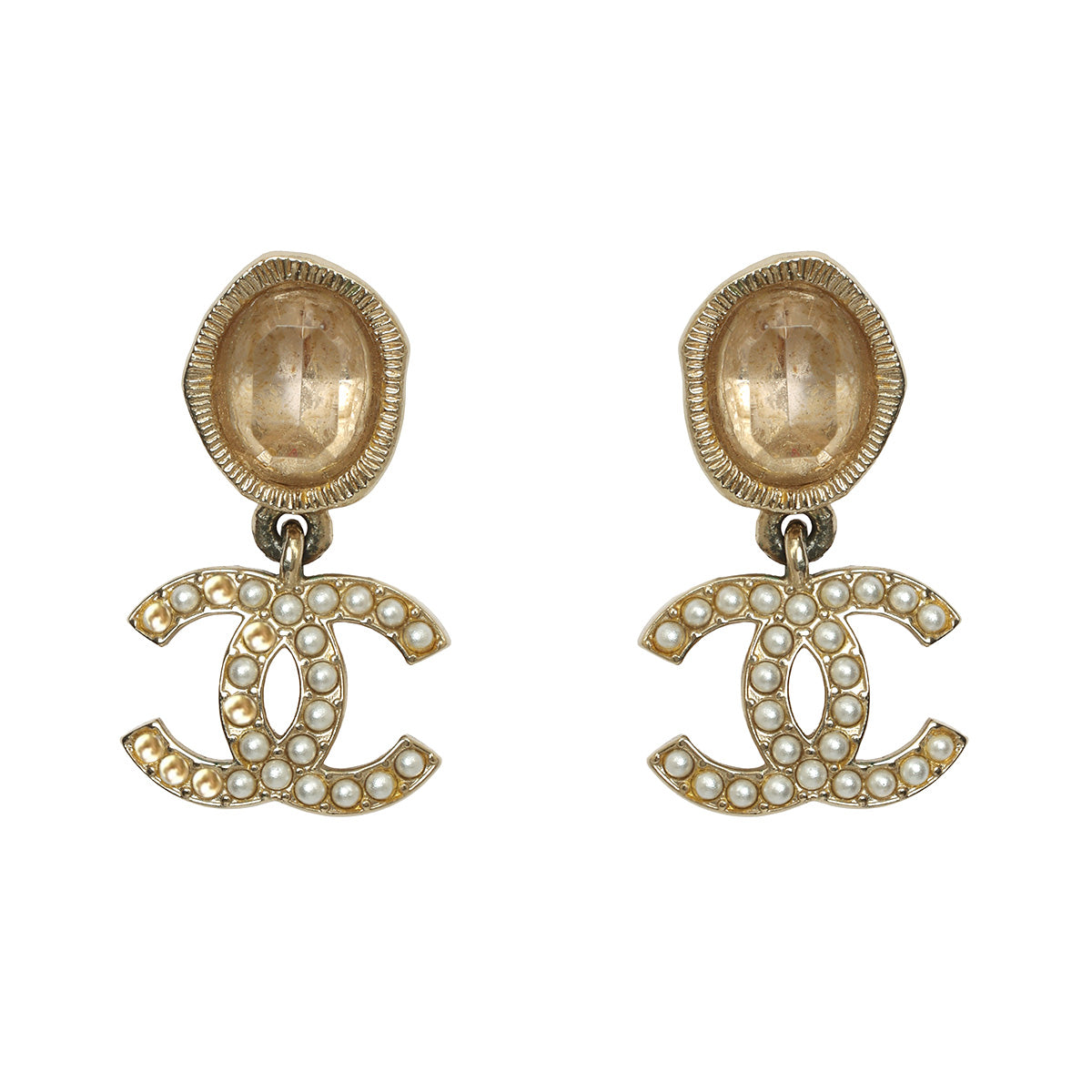 Gold Tone Crystal Pearl CC Drop Earrings