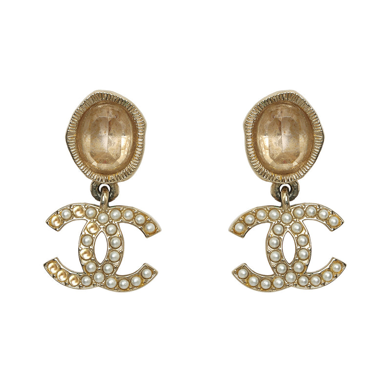 Gold Tone Crystal Pearl CC Drop Earrings