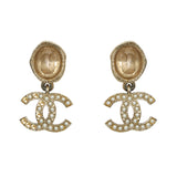 Gold Tone Crystal Pearl CC Drop Earrings