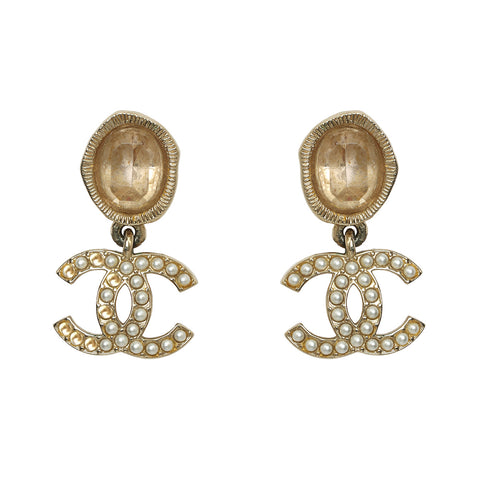 Gold Tone Crystal Pearl CC Drop Earrings