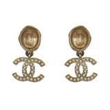 Gold Tone Crystal Pearl CC Drop Earrings