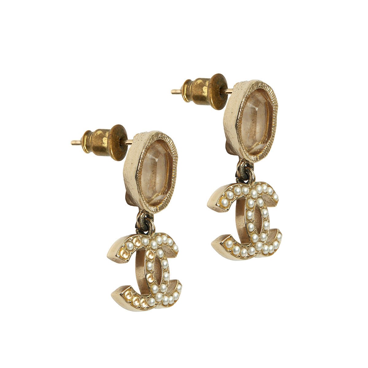 Gold Tone Crystal Pearl CC Drop Earrings