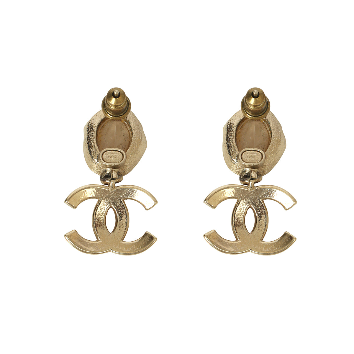 Gold Tone Crystal Pearl CC Drop Earrings
