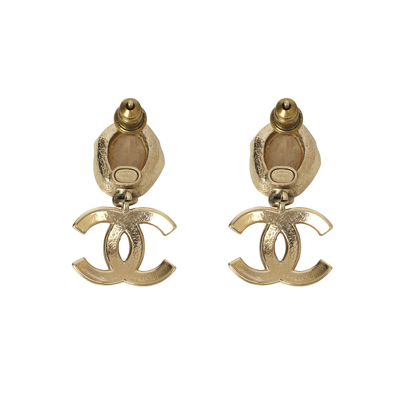 Gold Tone Crystal Pearl CC Drop Earrings