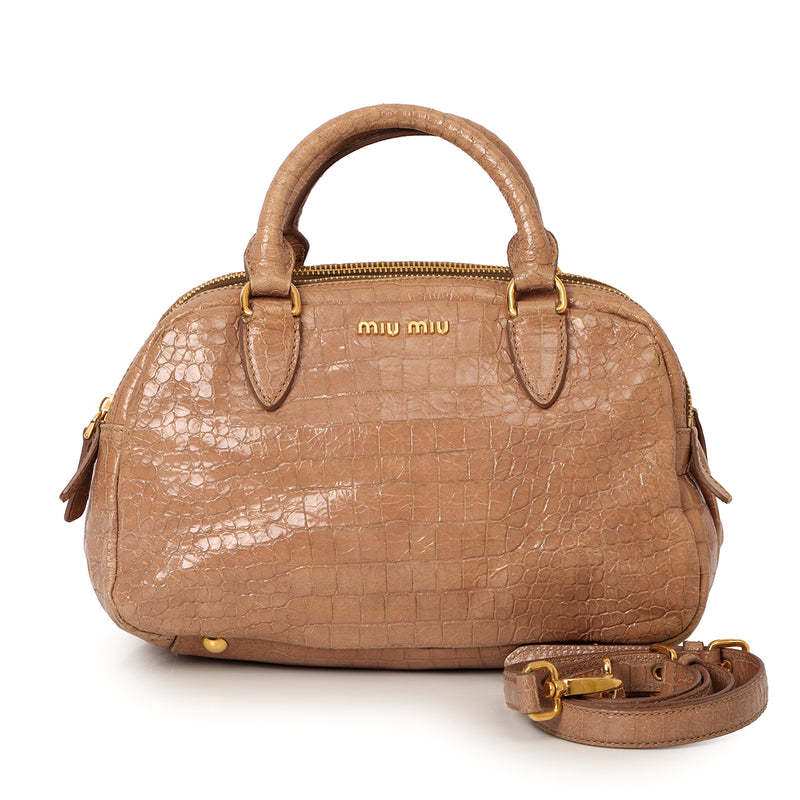 Pre-loved Miu Miu Calfskin Crocodile Embossed Leather Tan Shoulder Bag