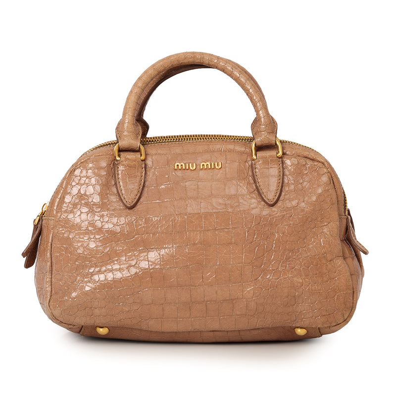 Miu Miu Calfskin Crocodile Embossed Leather Tan Shoulder Bag