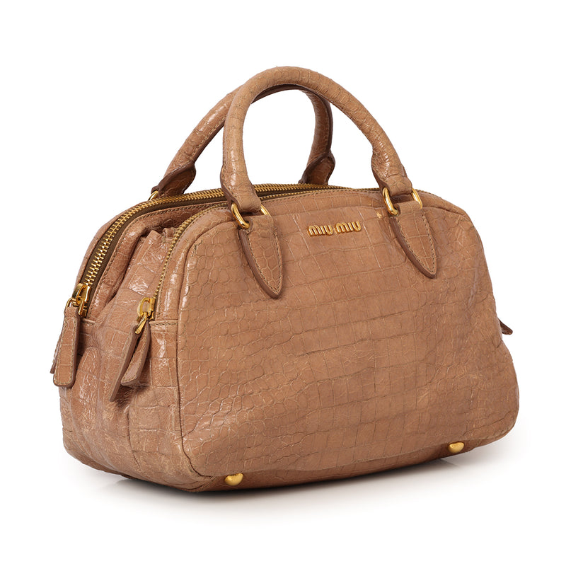 Women pre loved Miu Miu Calfskin Crocodile Embossed Leather Tan Shoulder Bag