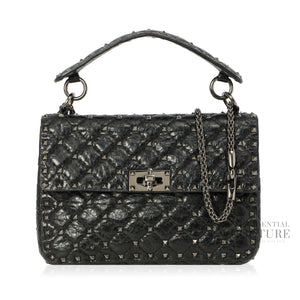 Black Crinkled Quilted Leather Rockstud Spike Medium Shoulder Bag