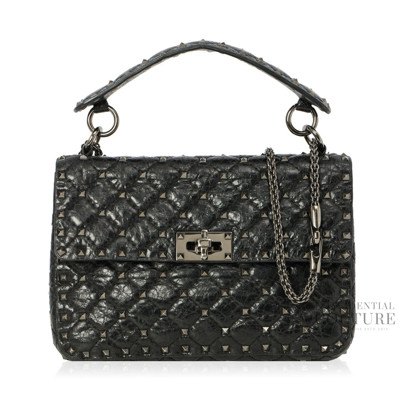 Black Crinkled Quilted Leather Rockstud Spike Medium Shoulder Bag