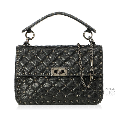 Black Crinkled Quilted Leather Rockstud Spike Medium Shoulder Bag