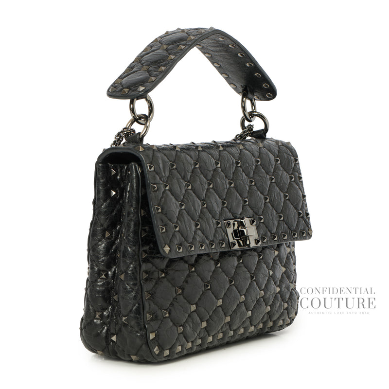 Black Crinkled Quilted Leather Rockstud Spike Medium Shoulder Bag