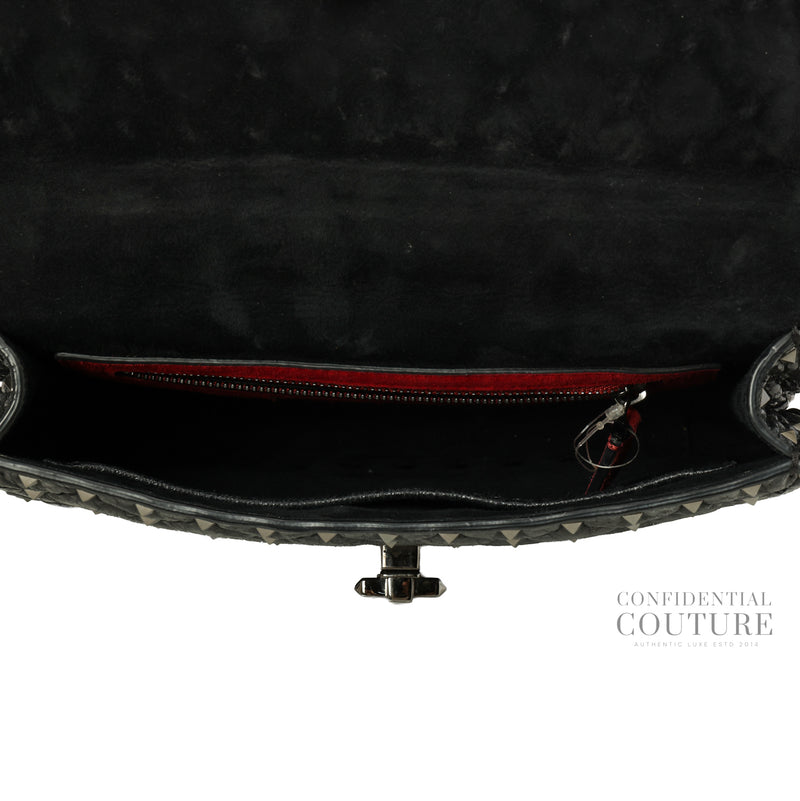 Black Crinkled Quilted Leather Rockstud Spike Medium Shoulder Bag