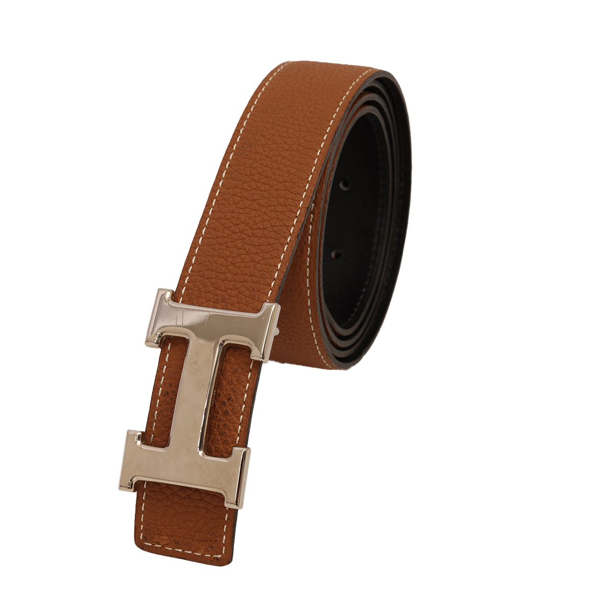 H Belt Buckle Reversible Tan Leather Strap 32 mm