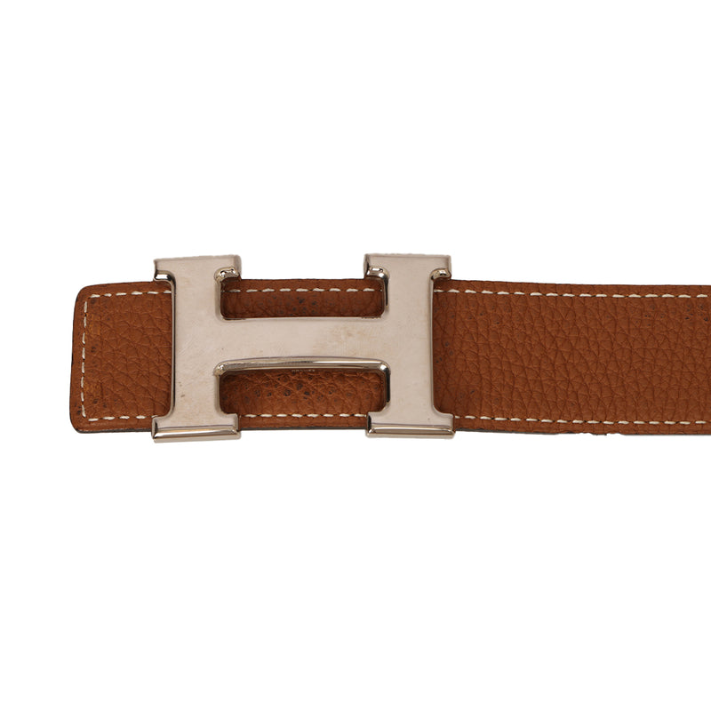 H Belt Buckle Reversible Tan Leather Strap 32 mm