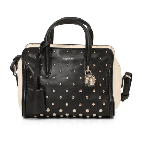 Black/White Studded Leather Mini Skull Padlock Zip Tote