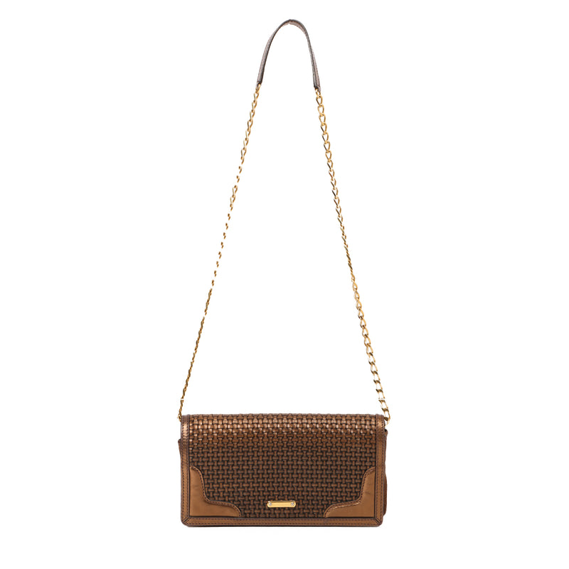 Women pre loved burberry metallic brown woven leather and suede small shoulder bag