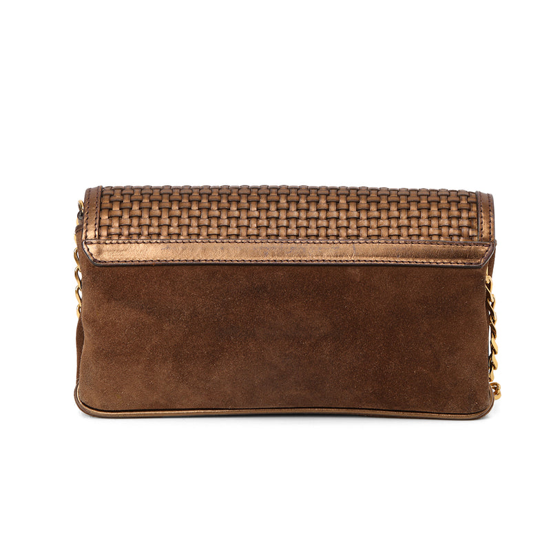 Women burberry metallic brown woven leather and suede small shoulder bag