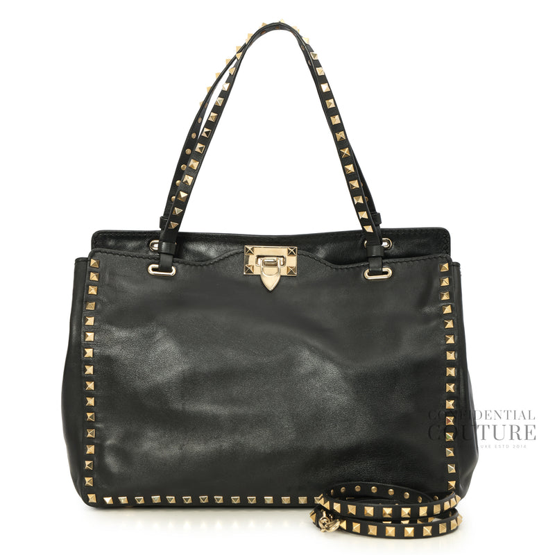 Black Leather Rockstud Trapeze Tote Bag