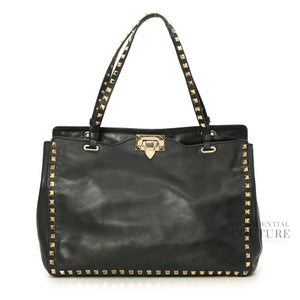 Black Leather Rockstud Trapeze Tote Bag