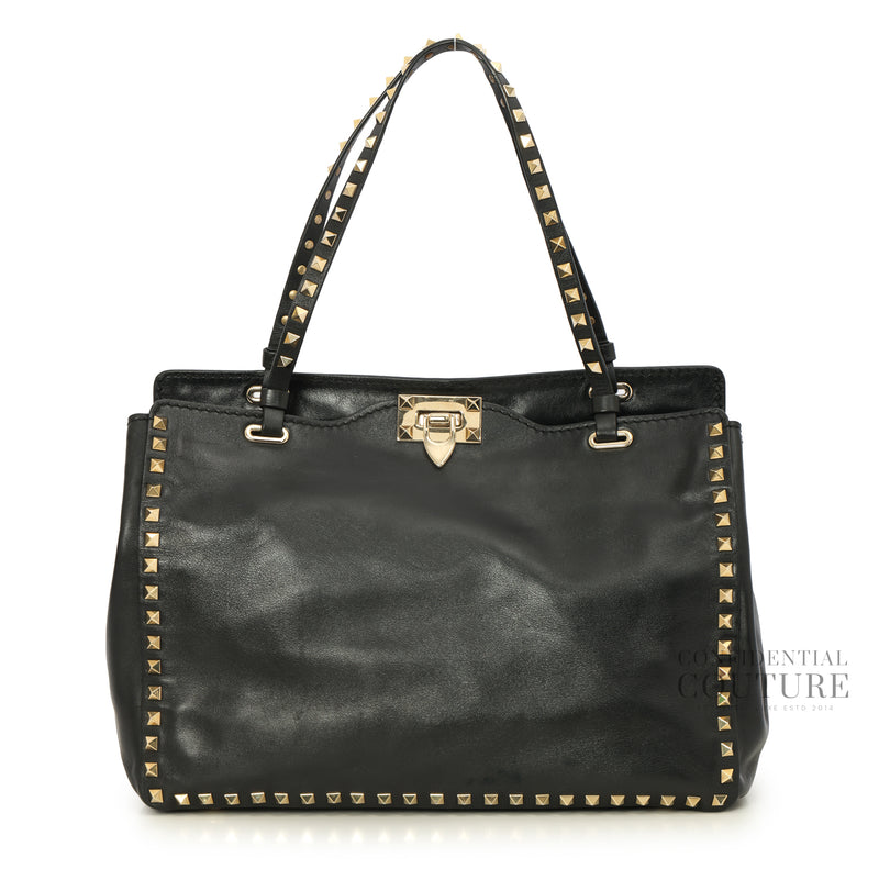 Black Leather Rockstud Trapeze Tote Bag