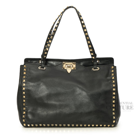 Black Leather Rockstud Trapeze Tote Bag