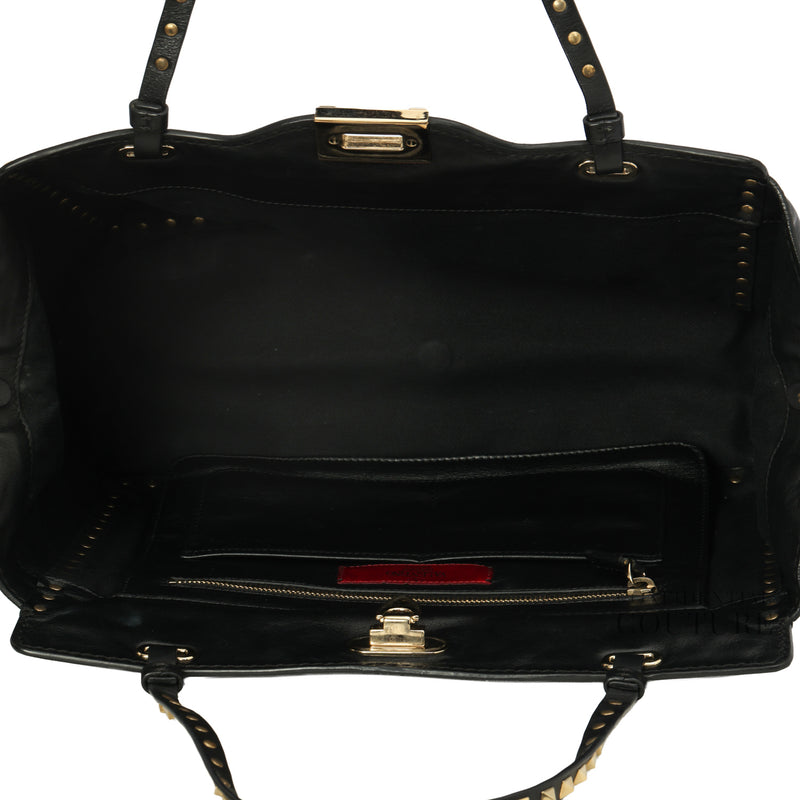 Black Leather Rockstud Trapeze Tote Bag