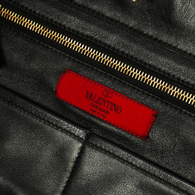 Black Leather Rockstud Trapeze Tote Bag