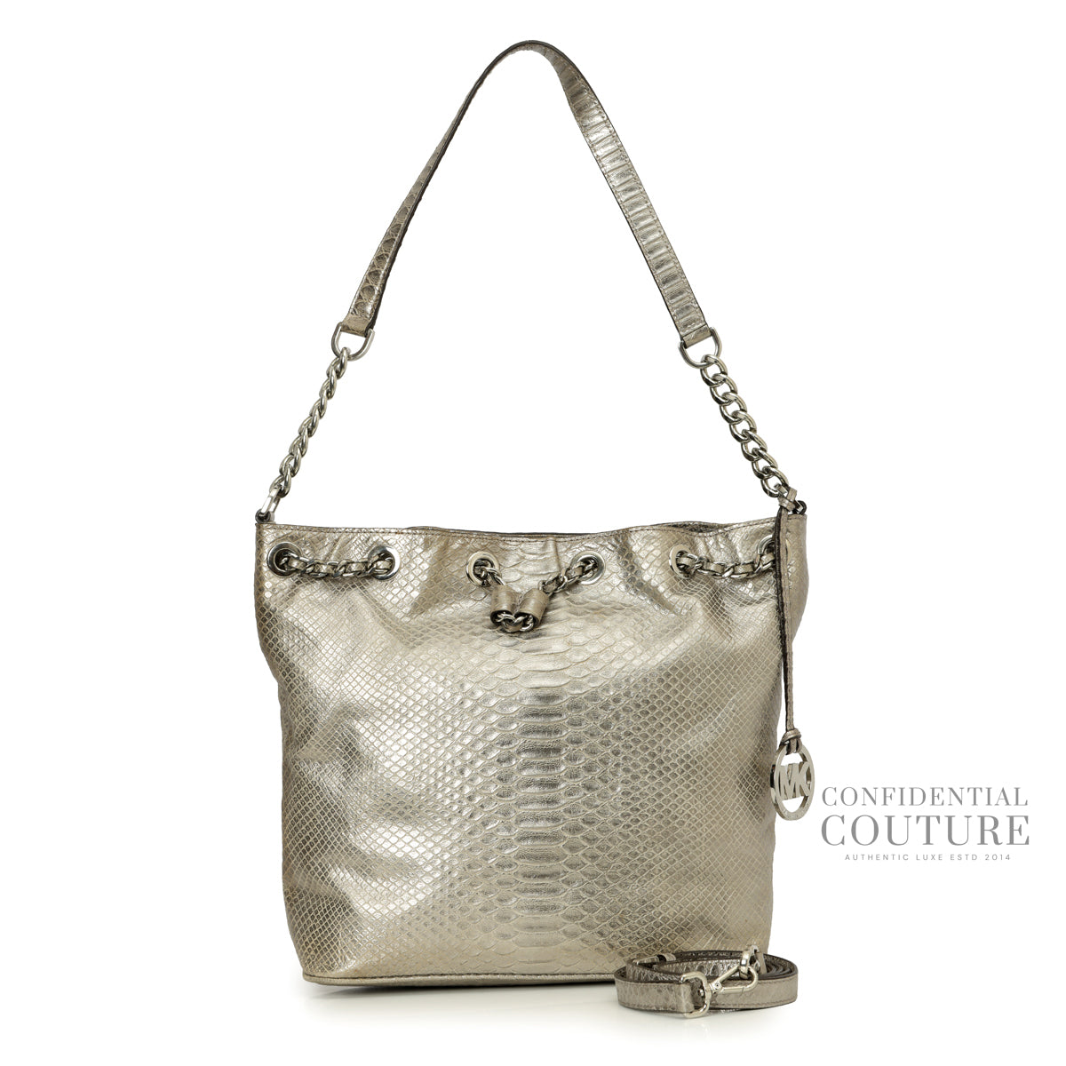 Silver Pyhon Embossed Drawstring Shoulder Bag