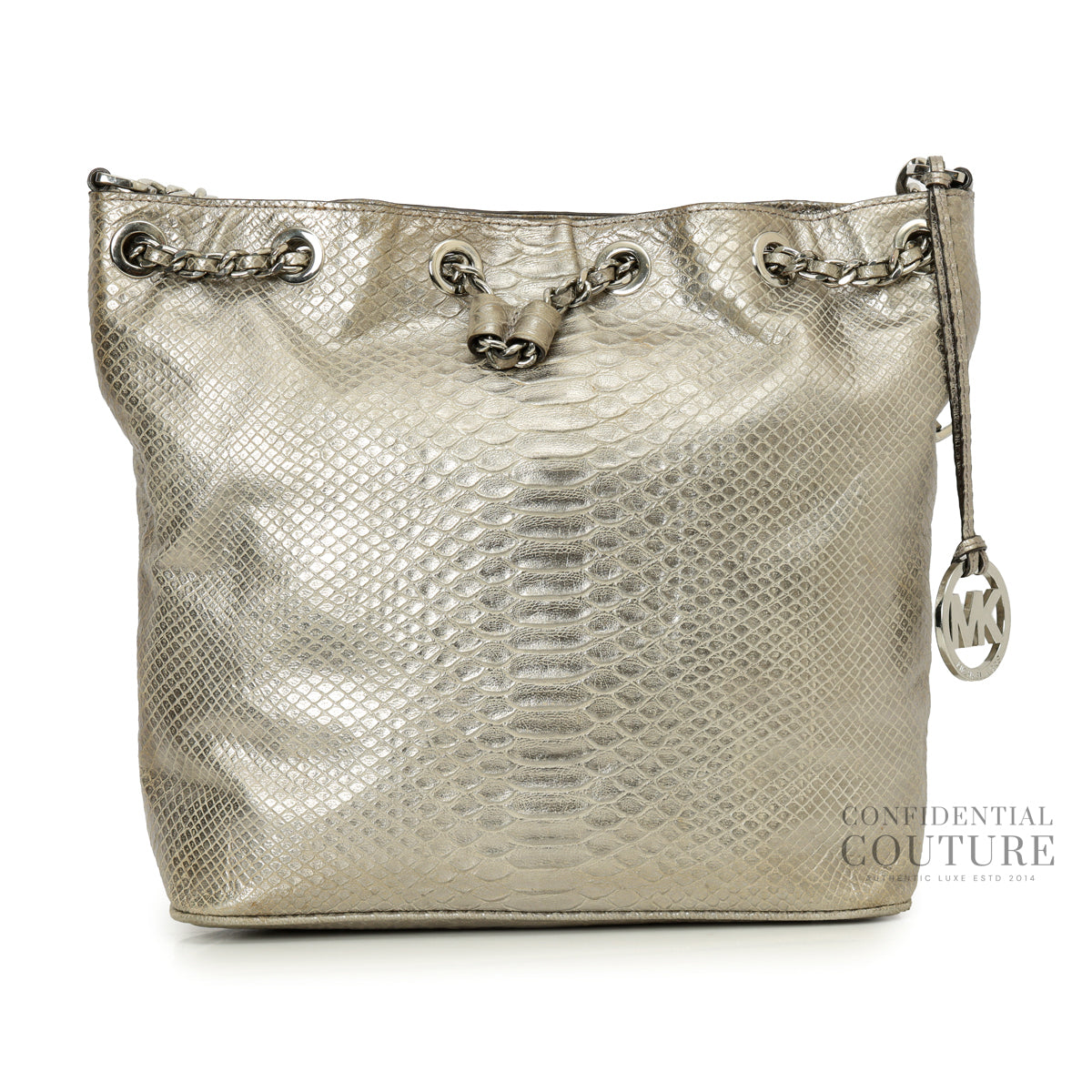 Silver Pyhon Embossed Drawstring Shoulder Bag