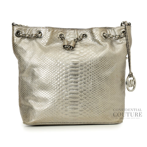 Silver Pyhon Embossed Drawstring Shoulder Bag