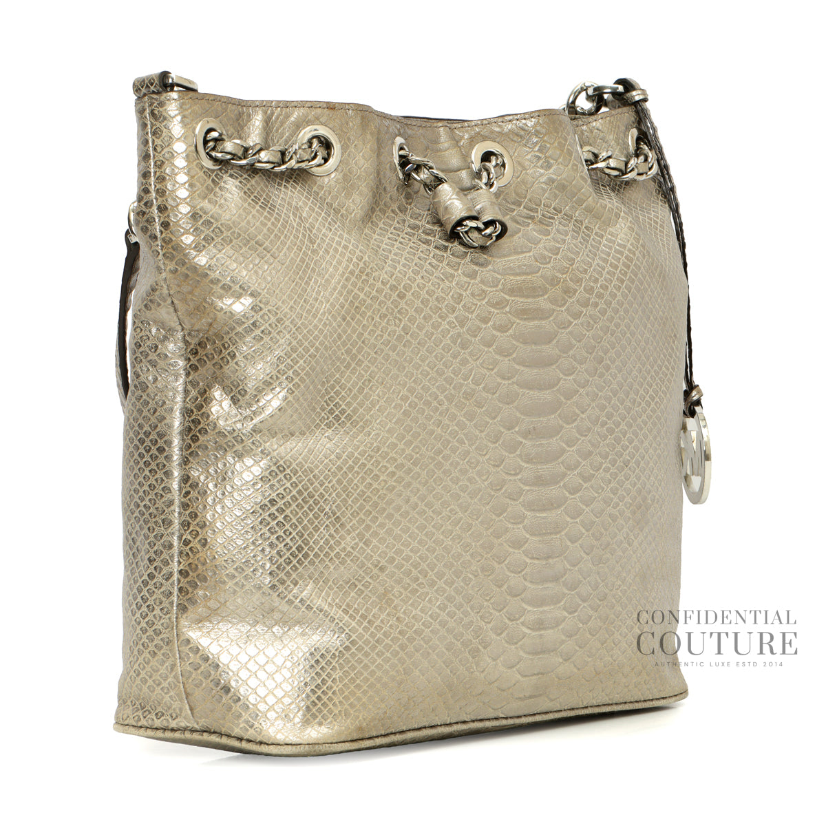Silver Pyhon Embossed Drawstring Shoulder Bag
