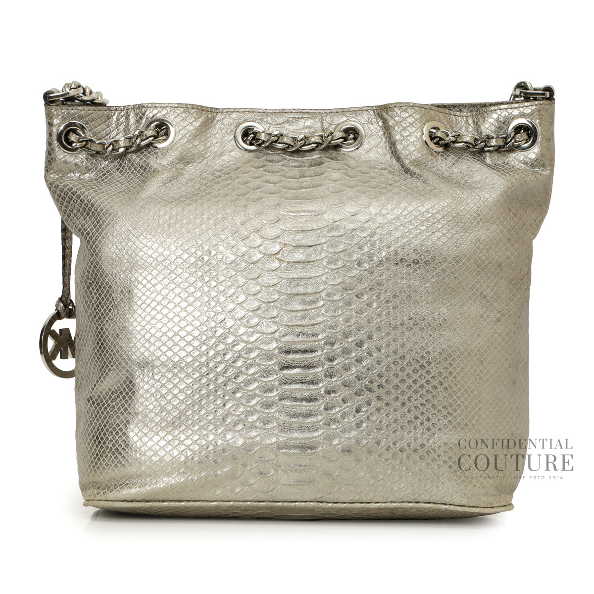 Silver Pyhon Embossed Drawstring Shoulder Bag