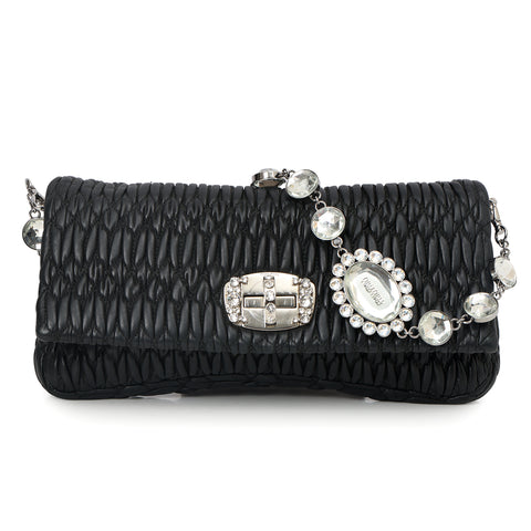 Black Leather Nappa Matelasse Crystal Flap Shoulder Bag