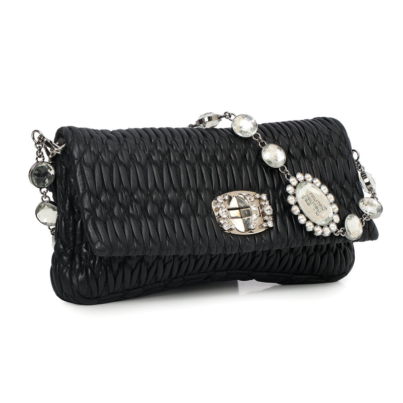 Black Leather Nappa Matelasse Crystal Flap Shoulder Bag