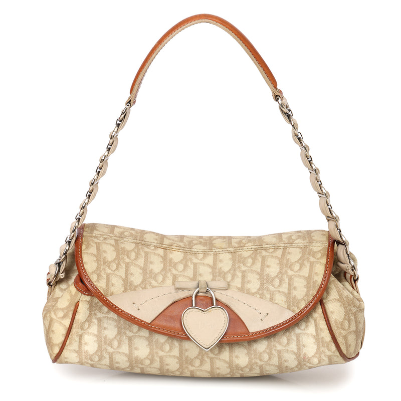 Tan And Beige Coated Canvas Heart Link Romantique Shoulder Bag