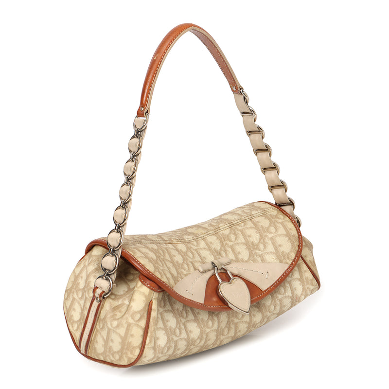 Tan And Beige Coated Canvas Heart Link Romantique Shoulder Bag