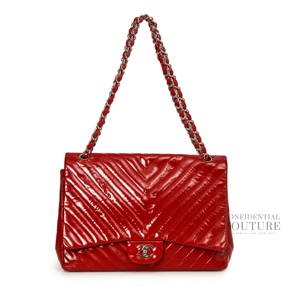 Red Chevron Quilted Patent Leather Maxi Flap Bag