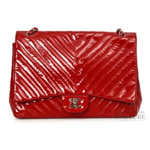 Red Chevron Quilted Patent Leather Maxi Flap Bag