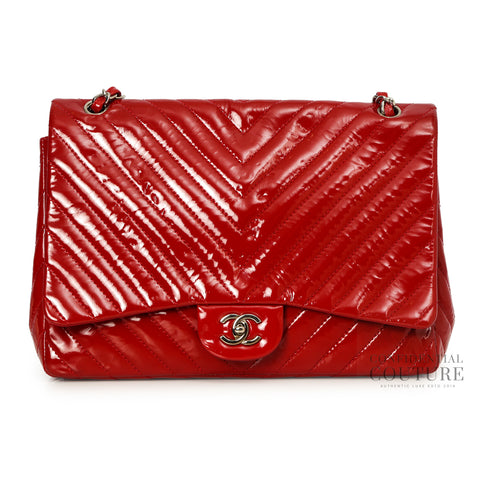 Red Chevron Quilted Patent Leather Maxi Flap Bag