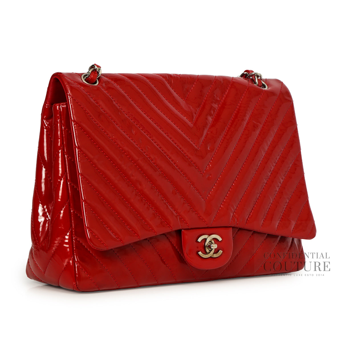Red Chevron Quilted Patent Leather Maxi Flap Bag