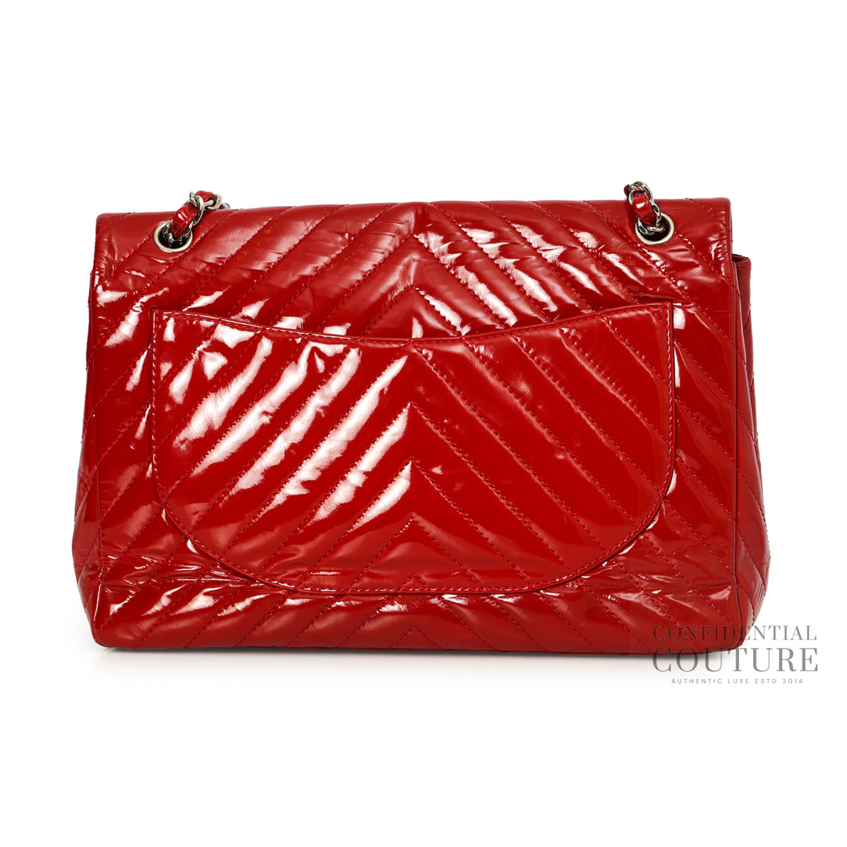 Red Chevron Quilted Patent Leather Maxi Flap Bag