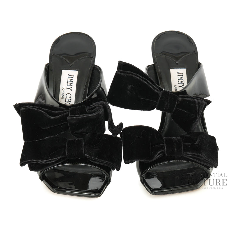 Pre-loved Jimmy Choo Black Patent Leather & Velvet Flaca Stilettos with Bow Accent EU 37 | UK 4 | US 7