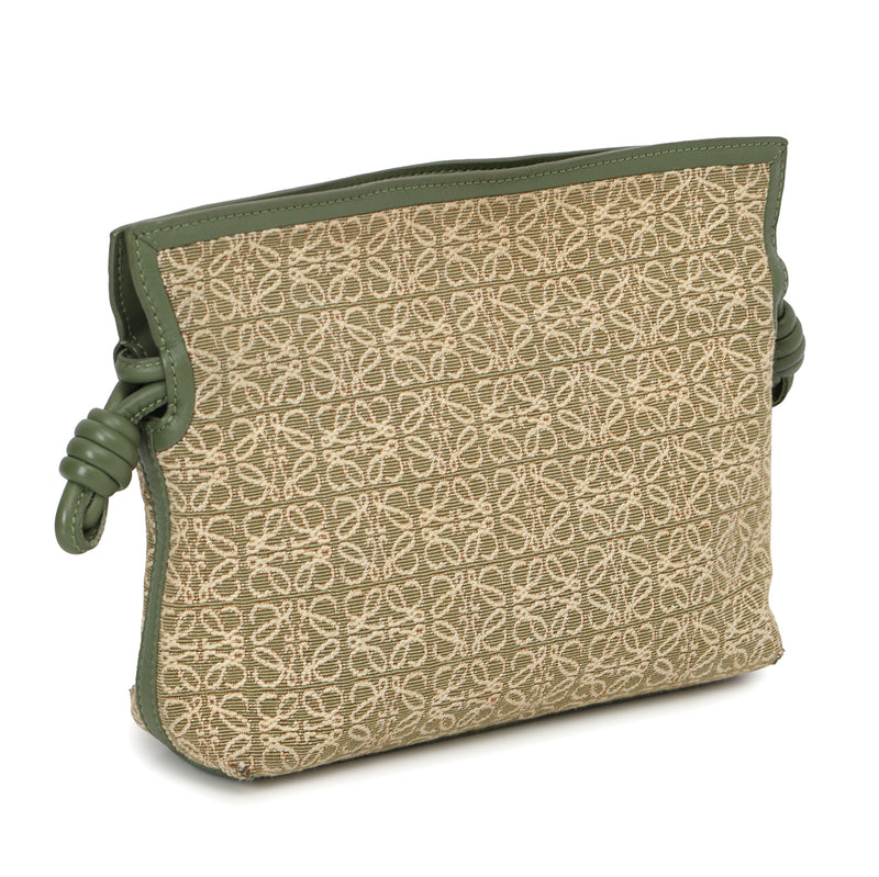Pre-loved Loewe Flamenco Light Green Mini Leather Trimmed Canvas Jacquard Clutch