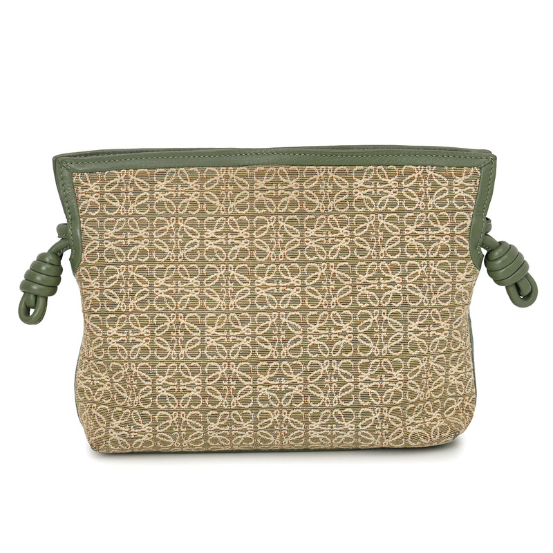Women pre loved Loewe Flamenco Light Green Mini Leather Trimmed Canvas Jacquard Clutch