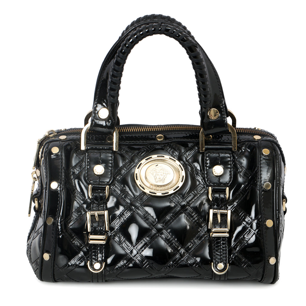 Shop Pre-Loved Versace “Snap Out Of It” Patent Leather Handle Bag