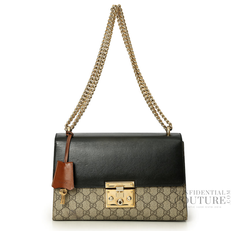 Black GG Supreme Coated Canvas Padlock Medium Shoulder Bag