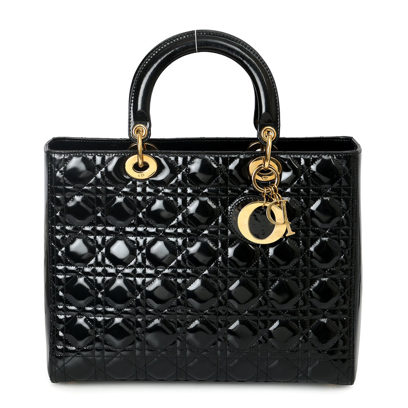 Christian Dior Black Cannage Lady Dior Patent Leather Large Bag