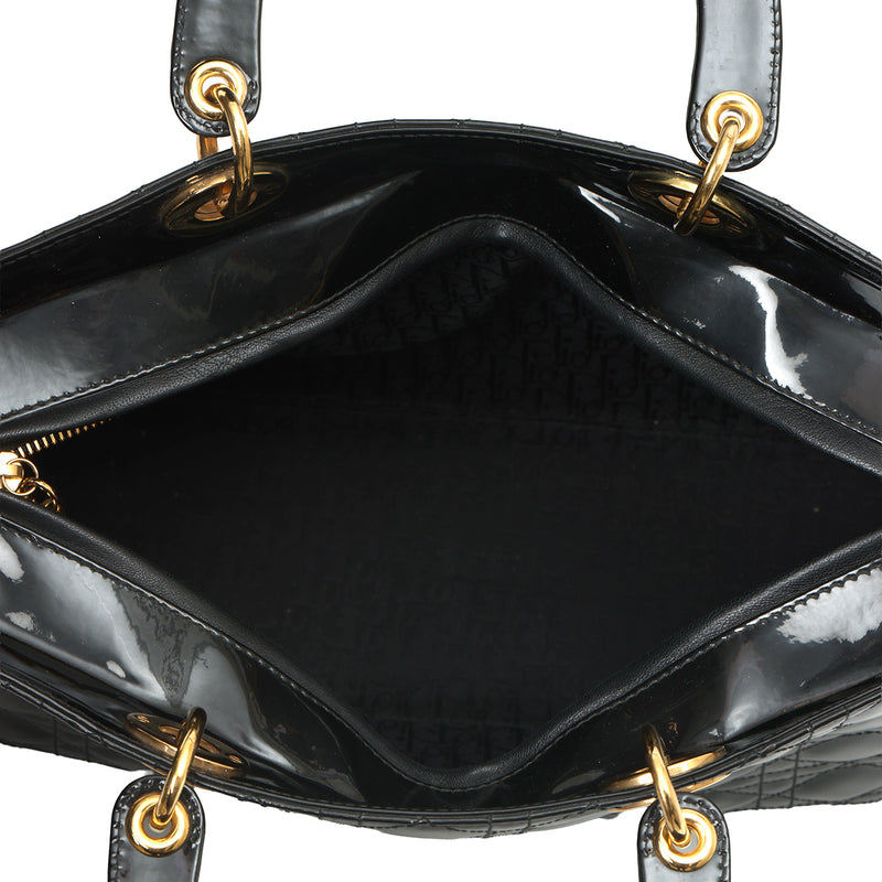 Pre-loved Christian Dior Black Cannage Lady Dior Patent Leather Large Bag