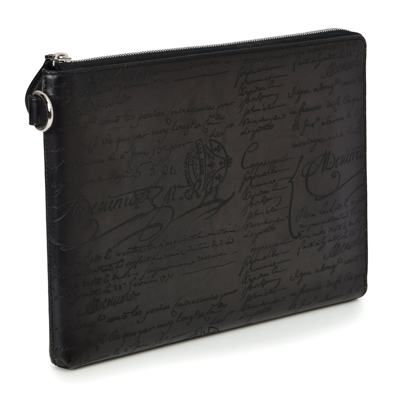 Pre-lovedBerluti Nino Tgm Scritto NERO GRIGIO Leather Clutch