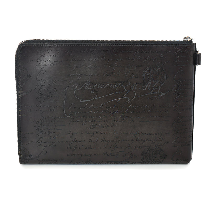 Women's Berluti Nino Tgm Scritto NERO GRIGIO Leather Clutch